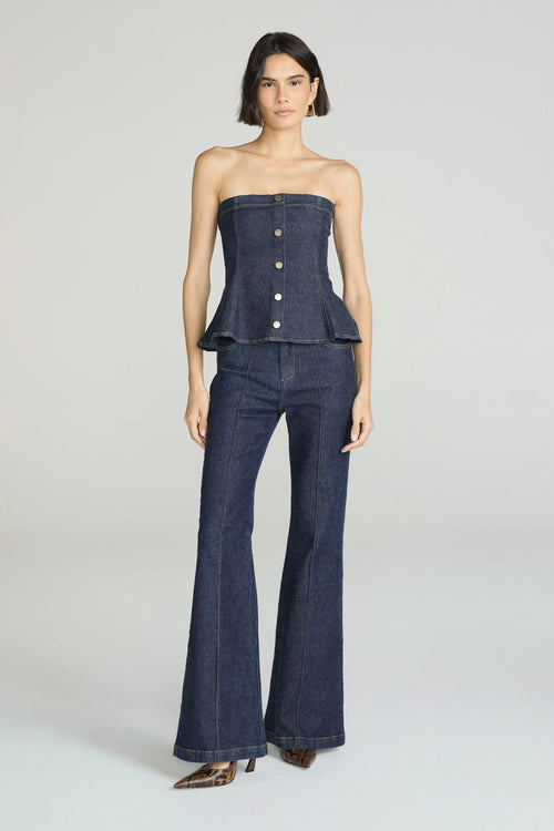 CALCA FLARE JEANS RECORTES - JEANS ESCURO